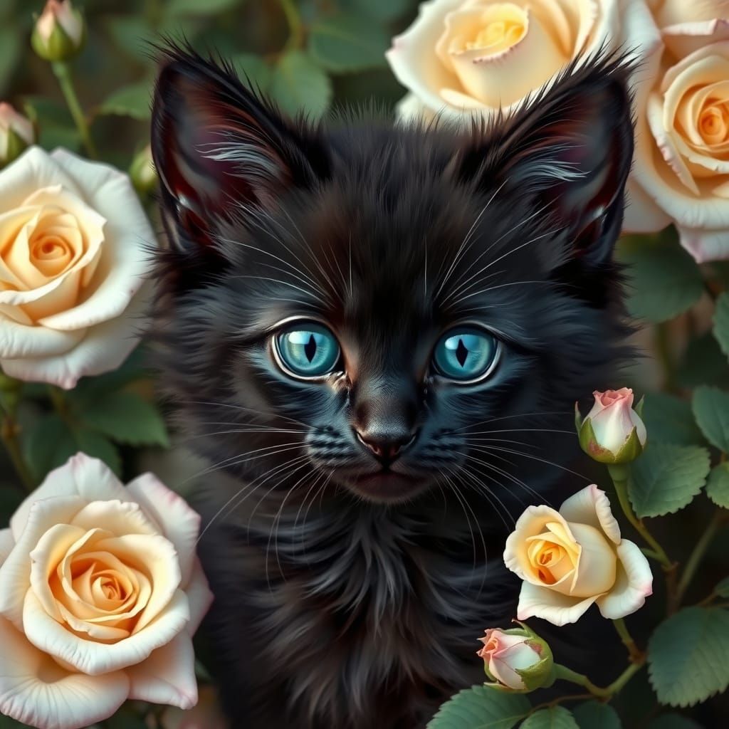 Black Cornish Rex Kitten in Rose Garden