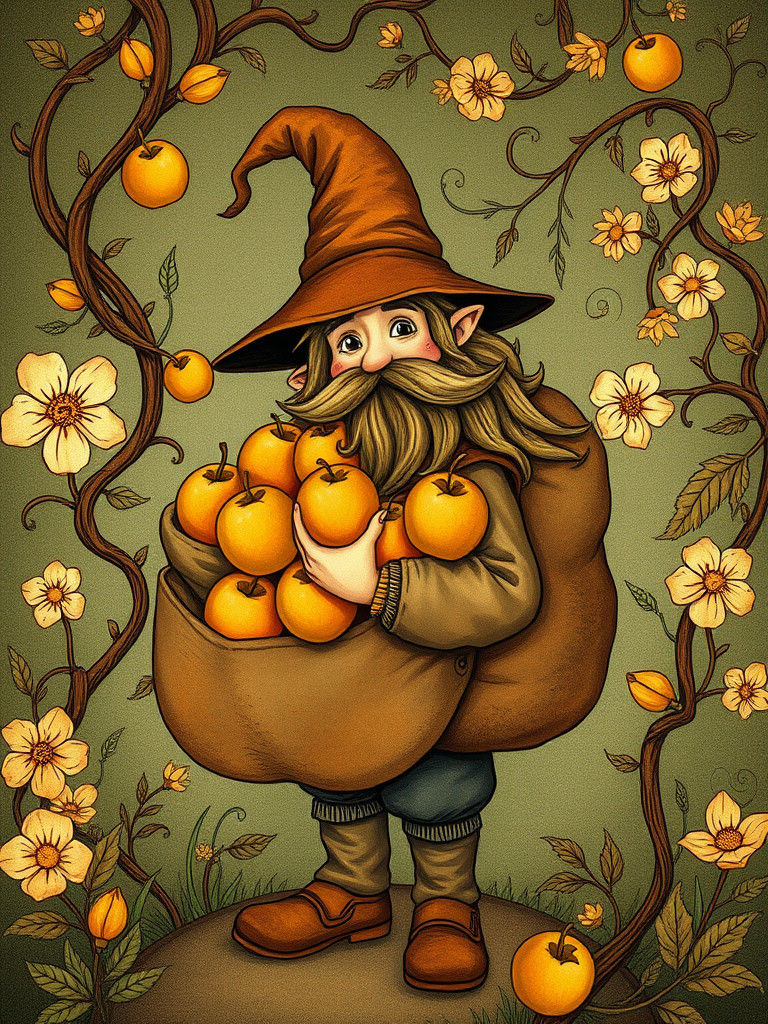 Whimsical Hobbit with Apples in Art Nouveau Style
