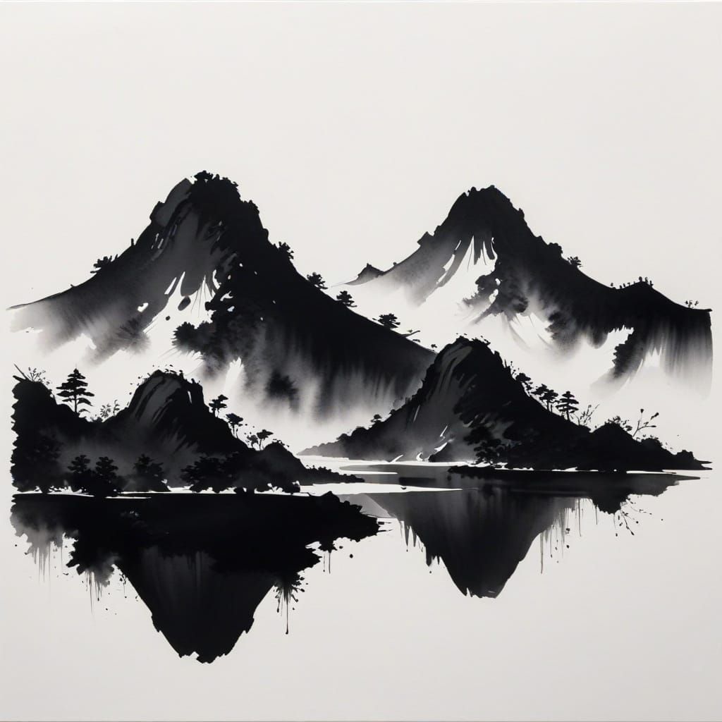 Simplified Black Ink Painting in Traditional Japanese Style