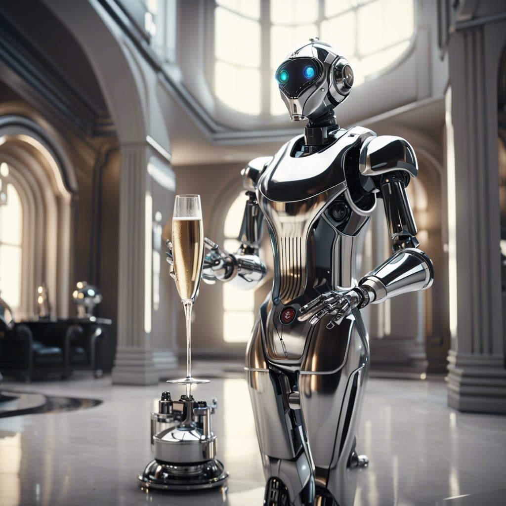 Futuristic Robotic Butler Serving Champagne in 8K