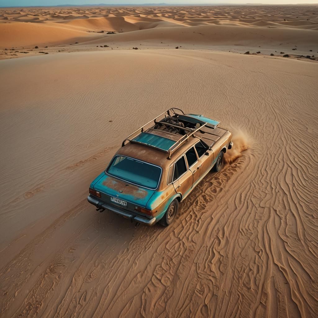 Rusty Car in Syrian Desert at Sunset
