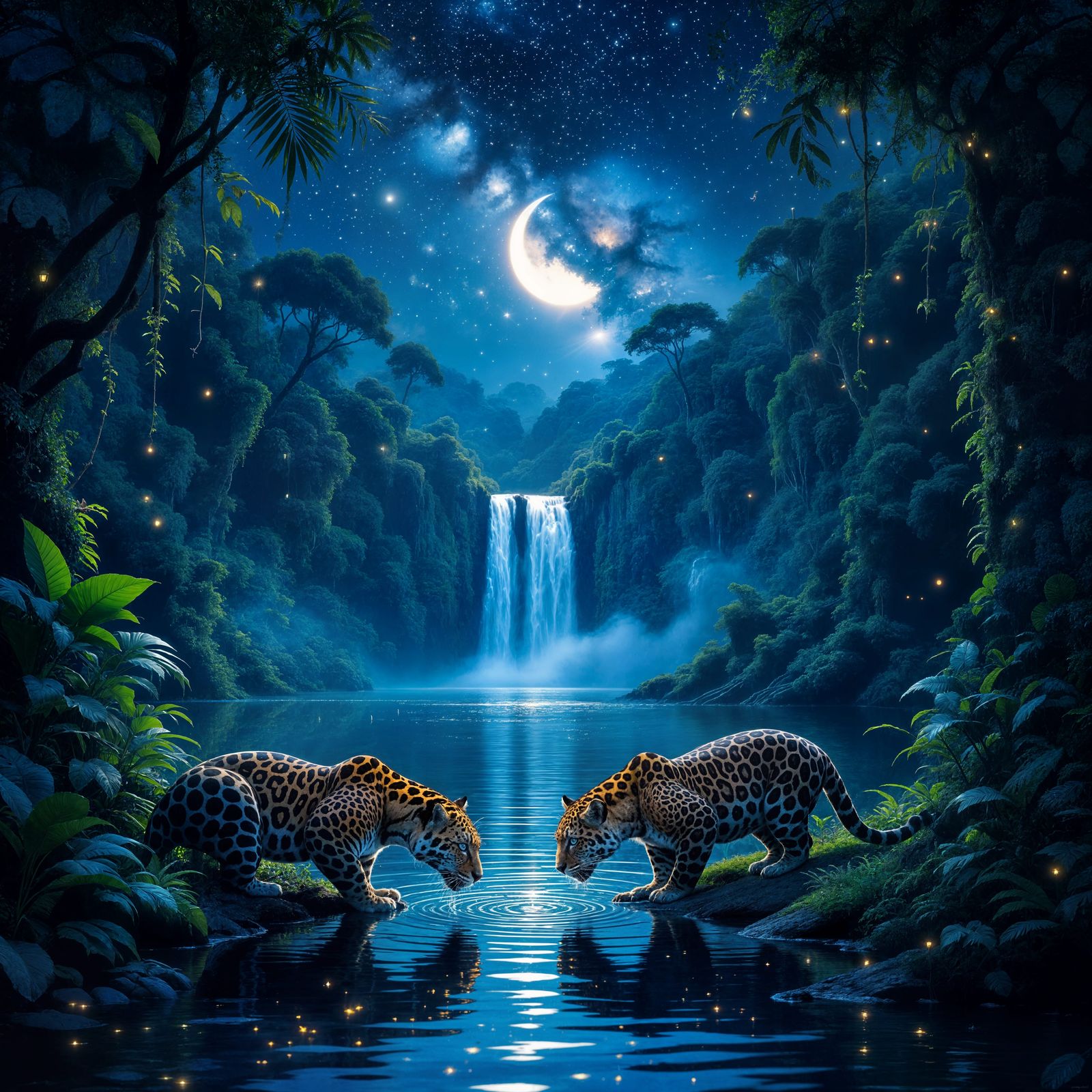 Majestic Jaguar Drinks from Starry Amazon Night Lake