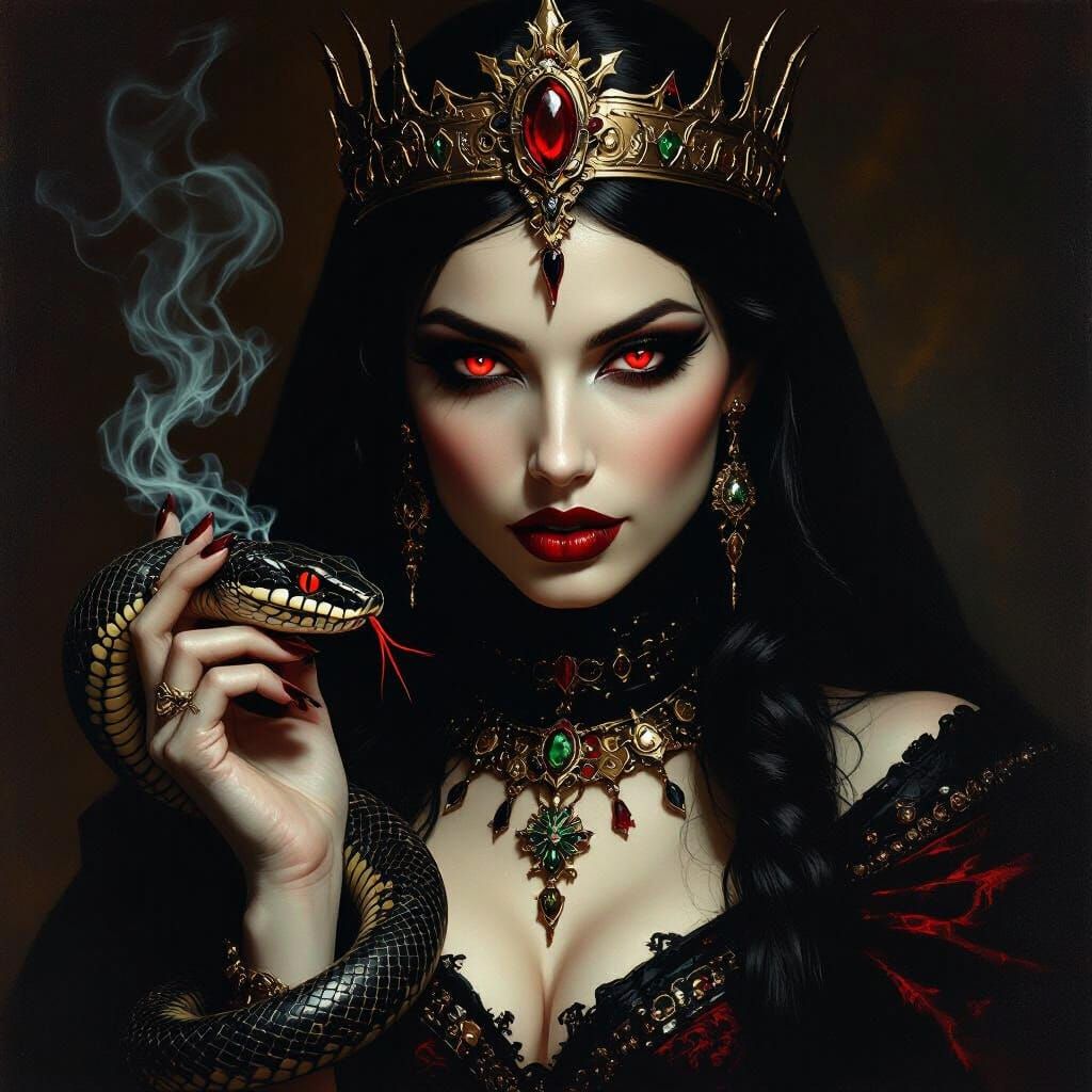Egyptian Vampire Queen with Snake, Red Glowing Eyes