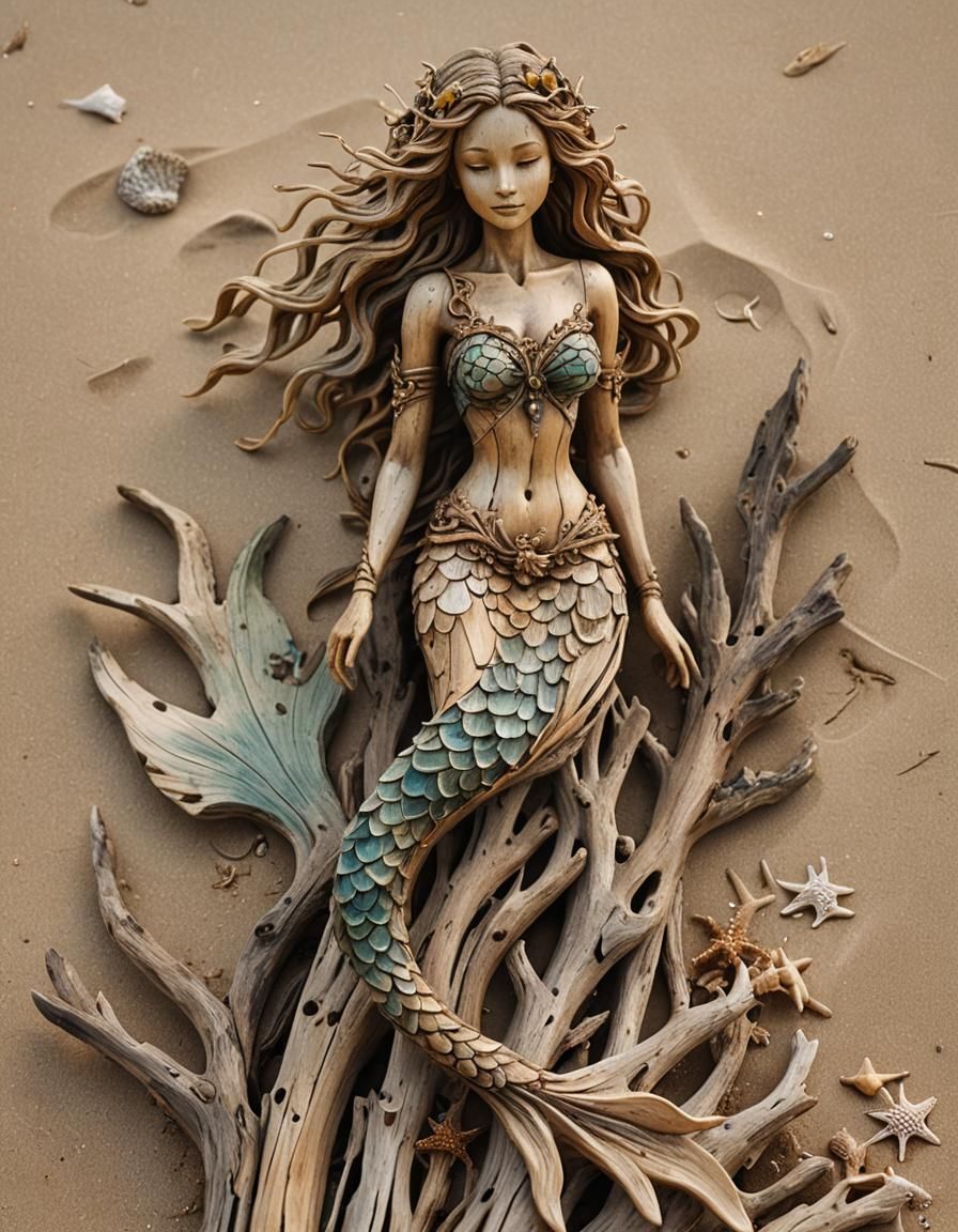 Driftwood Mermaid Sculpture on Beach in Golden Light