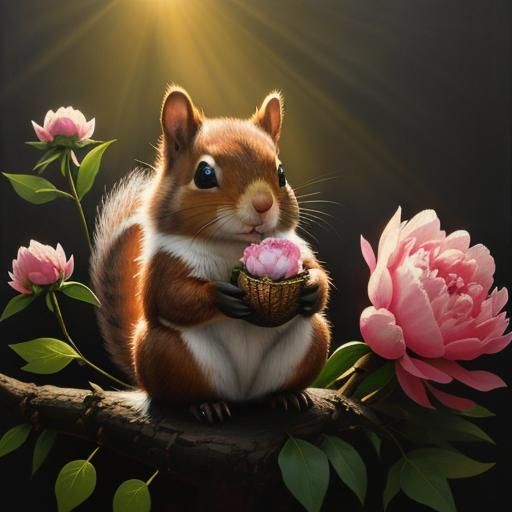 Whimsical Squirrel with Acorn on Peony Flower
