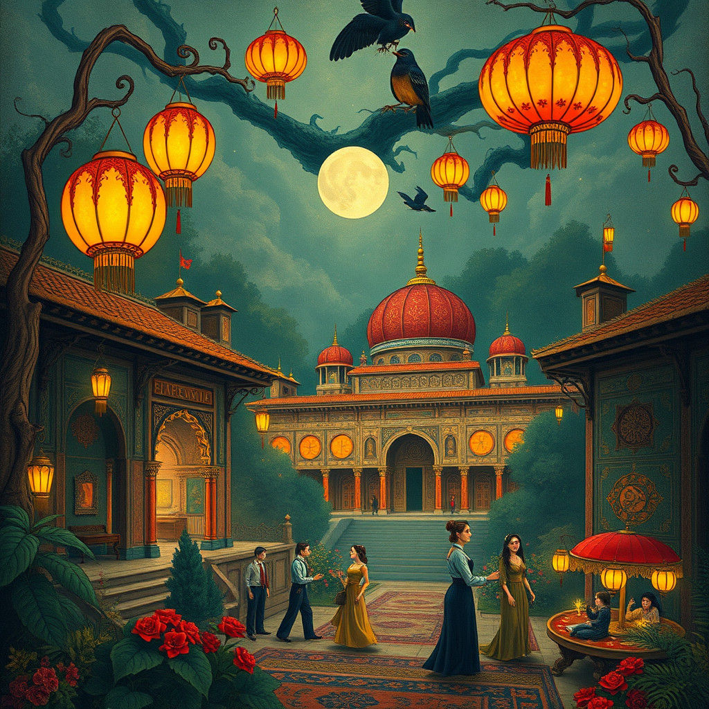 Ornate Trash Polka Scene in Botanical Illustration Style