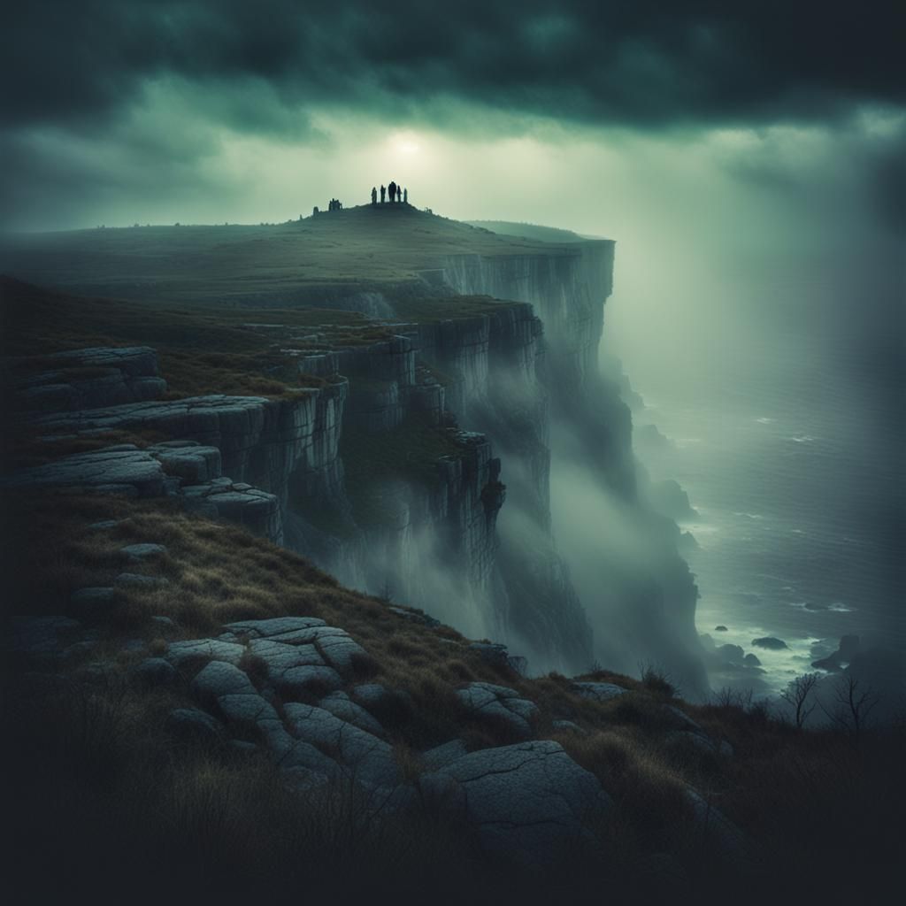 Eerie Clifftop Landscape with Ghostly Auras