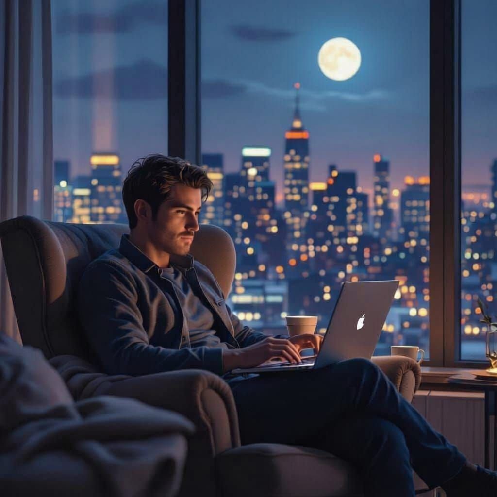 Man Working on Laptop in Cozy Modern Living Room