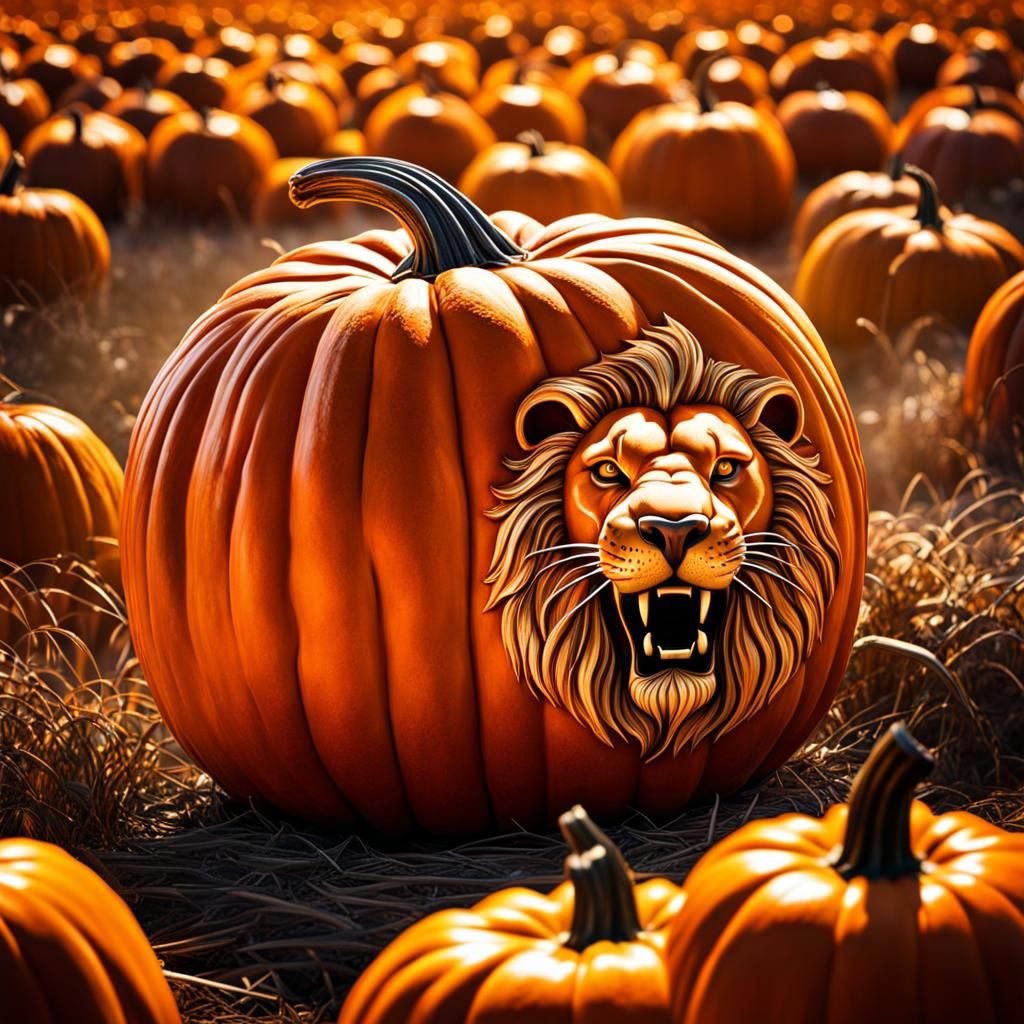 Pumpkin Carving of Sleeping Lion in Field