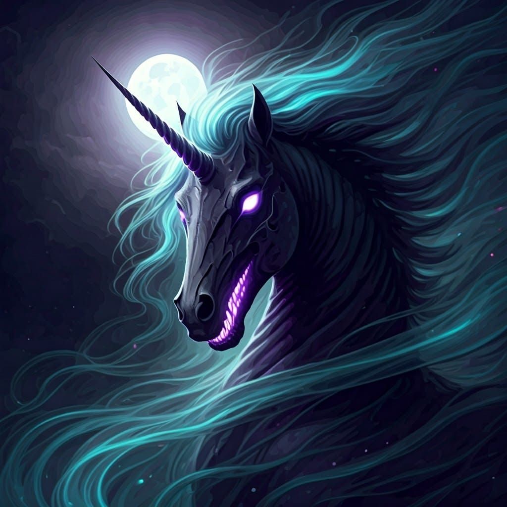 Dark Bioluminescent Unicorn in Hyperrealistic Watercolor
