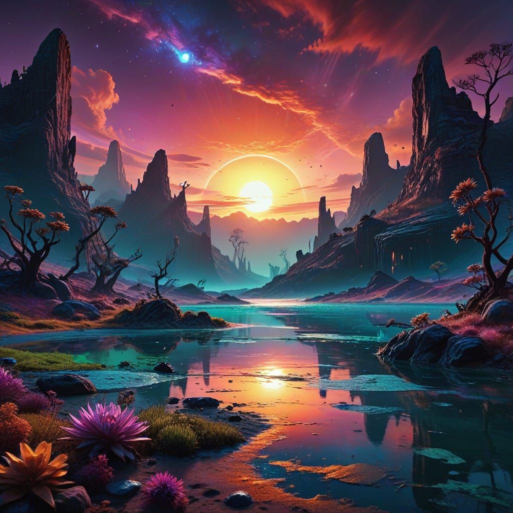 Surreal Double Suns Sunset on an Alien Beach
