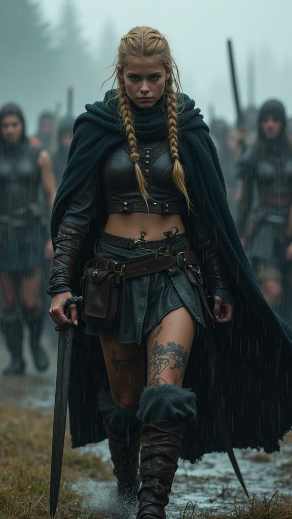 Warrior Muse on Battlefield in Cinematic Realism