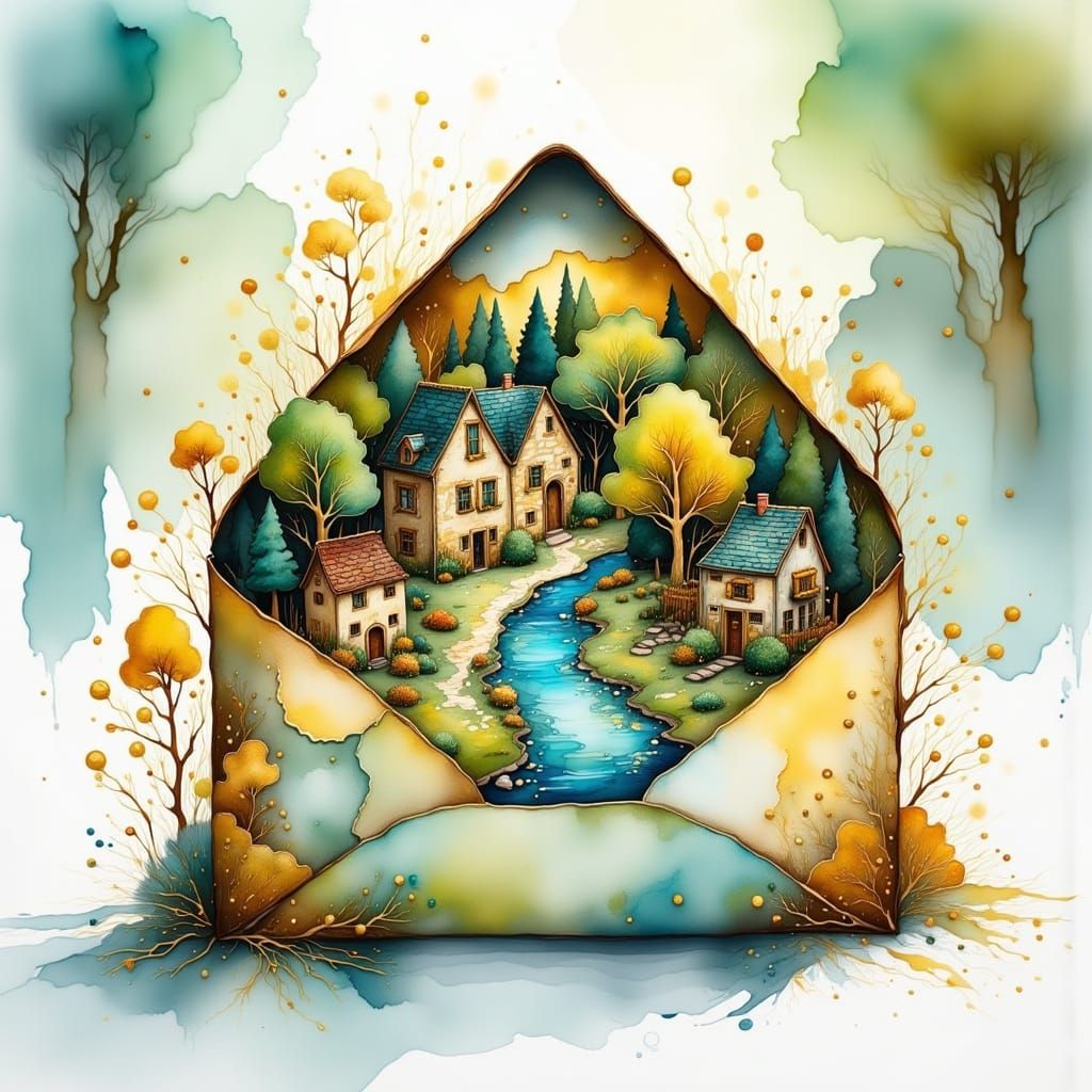 Miniature World Inside Envelope in Whimsical Style