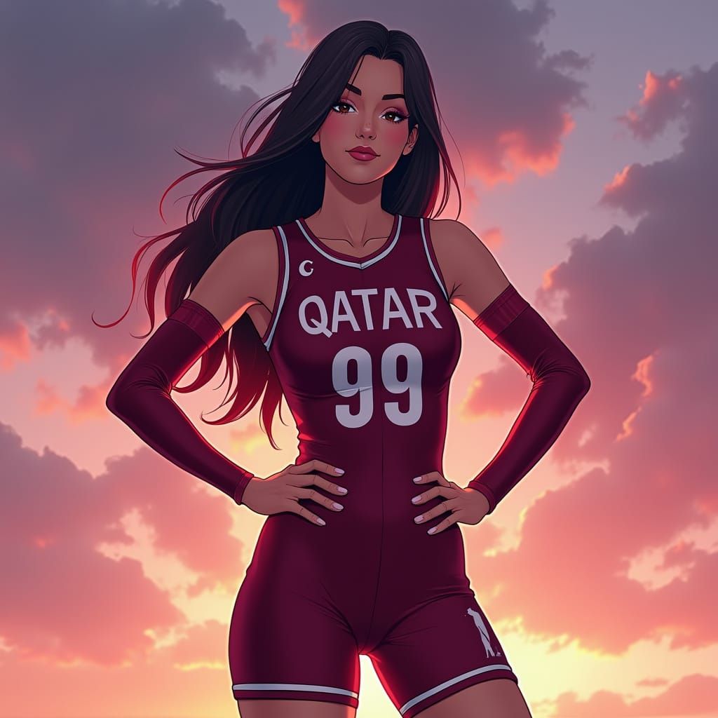 Qatari Woman in Basketball Jersey, Anime Cel-Shaded Style