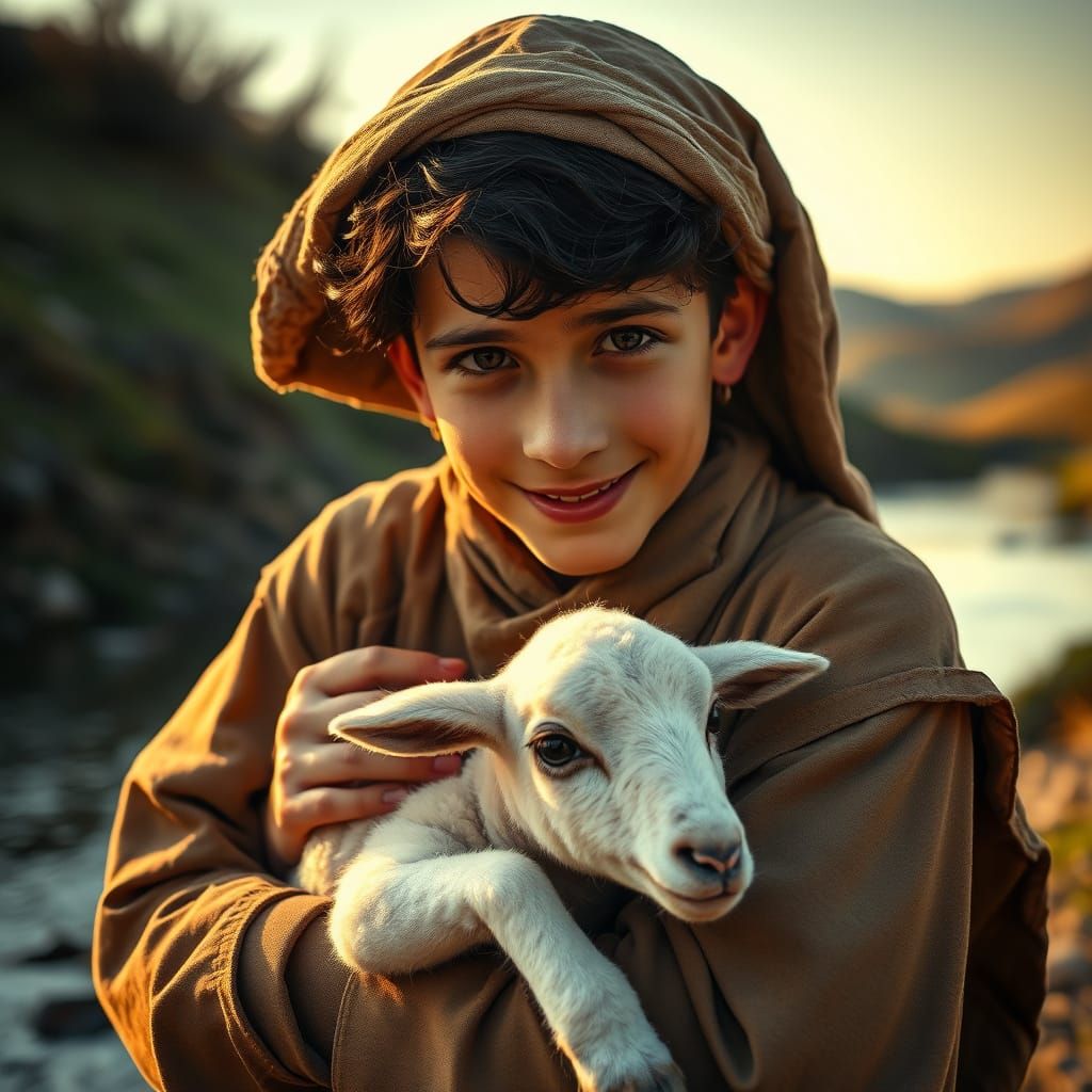 Rustic Hebrew Youth with Lamb in Golden Hour