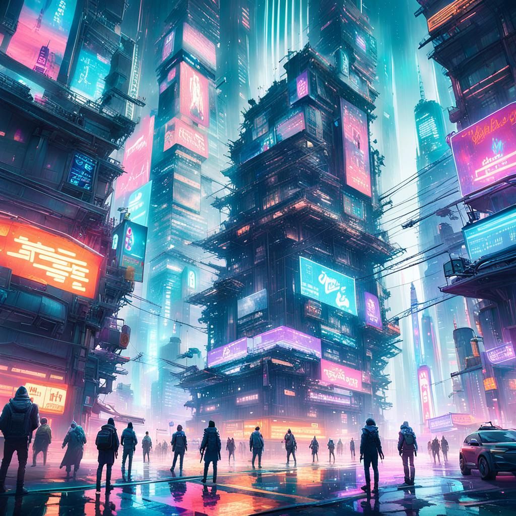 Cyberpunk Cityscape with Vibrant Characters as Digital Art