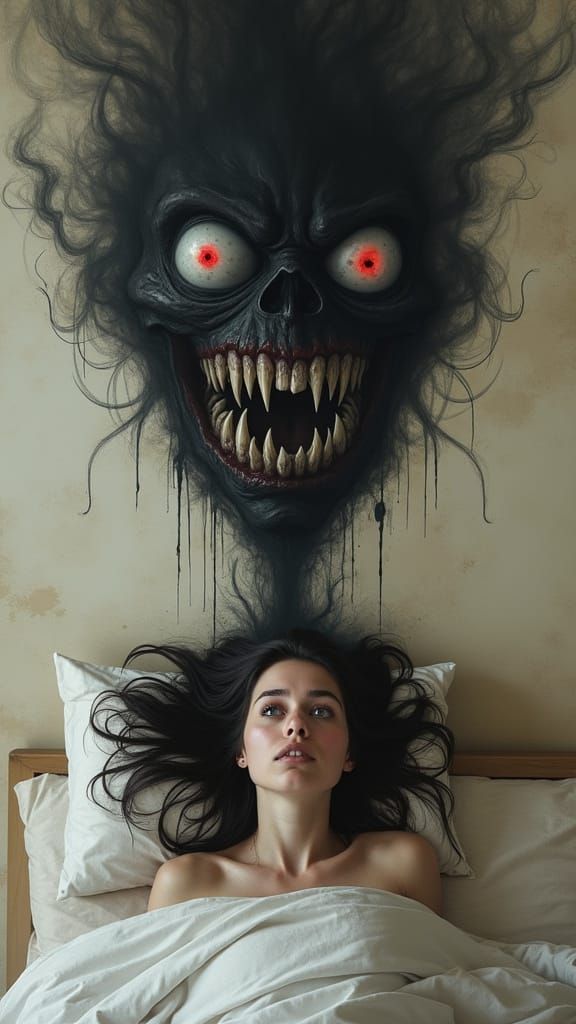 Surreal Nightmare: Woman Confronts Demonic Smoke Apparition