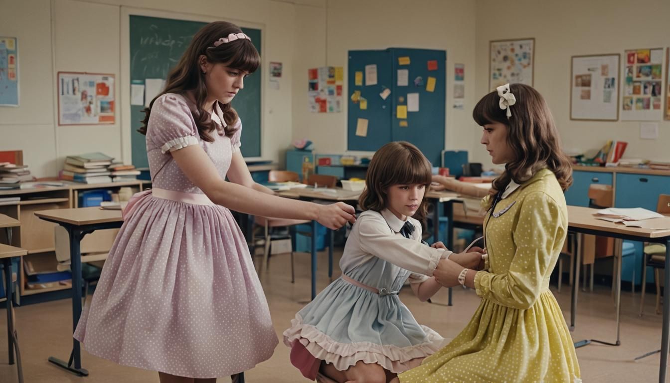 Young Crossdressing Couple in Cinematic Classroom Scene