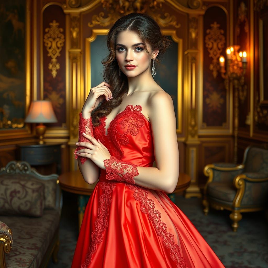 Victorian Woman in Red Dress, Art Nouveau Style