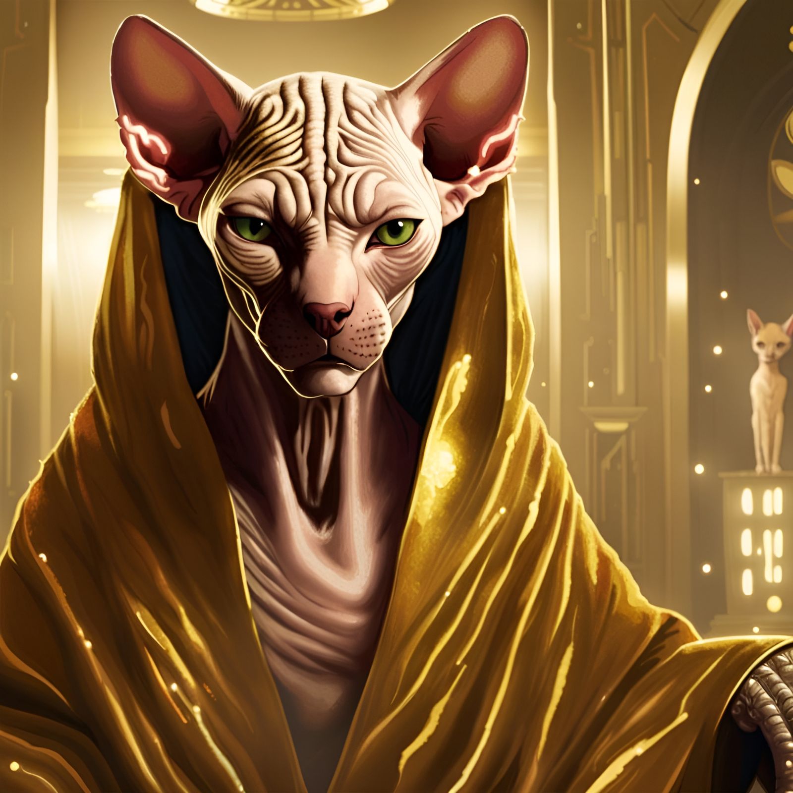 Snoke as Sphynx Cat in Golden Bathrobe
