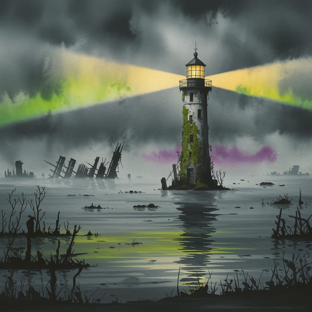 Post-Apocalyptic Lighthouse in Submerged City, Watercolor Pa...
