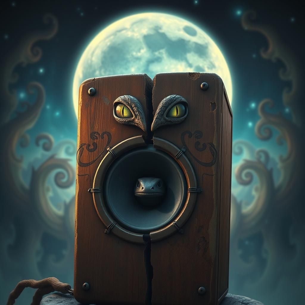 Reptilian Eyes Peer From Cracked Speaker, Ghibli Style