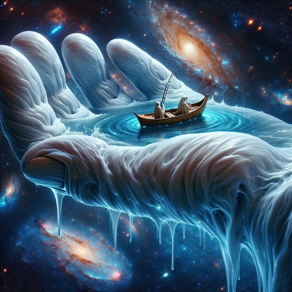 A colossal water hand, made entirely of water, is floating i...