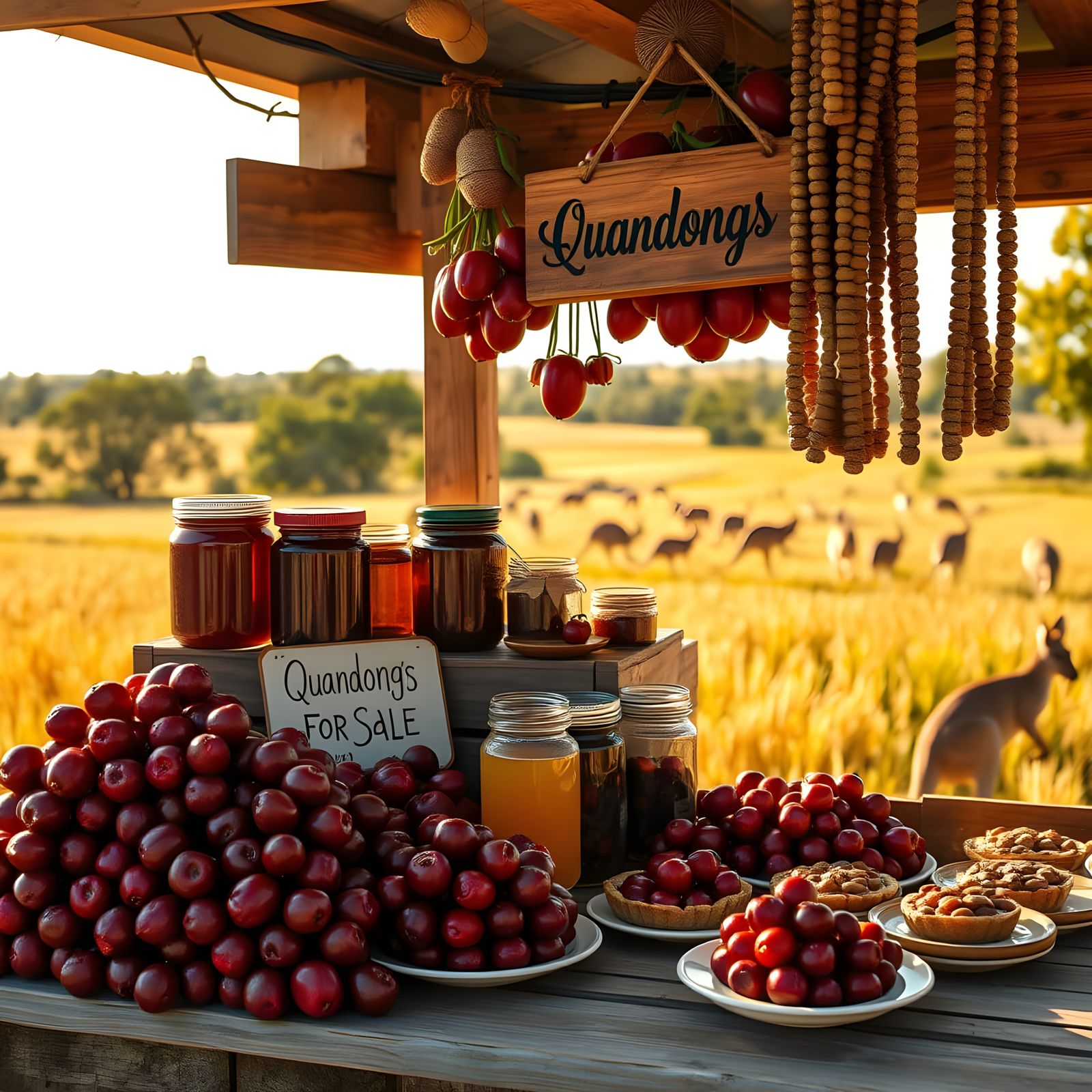 Rustic Australian Quandong Fruit Stall in Golden Sunlight