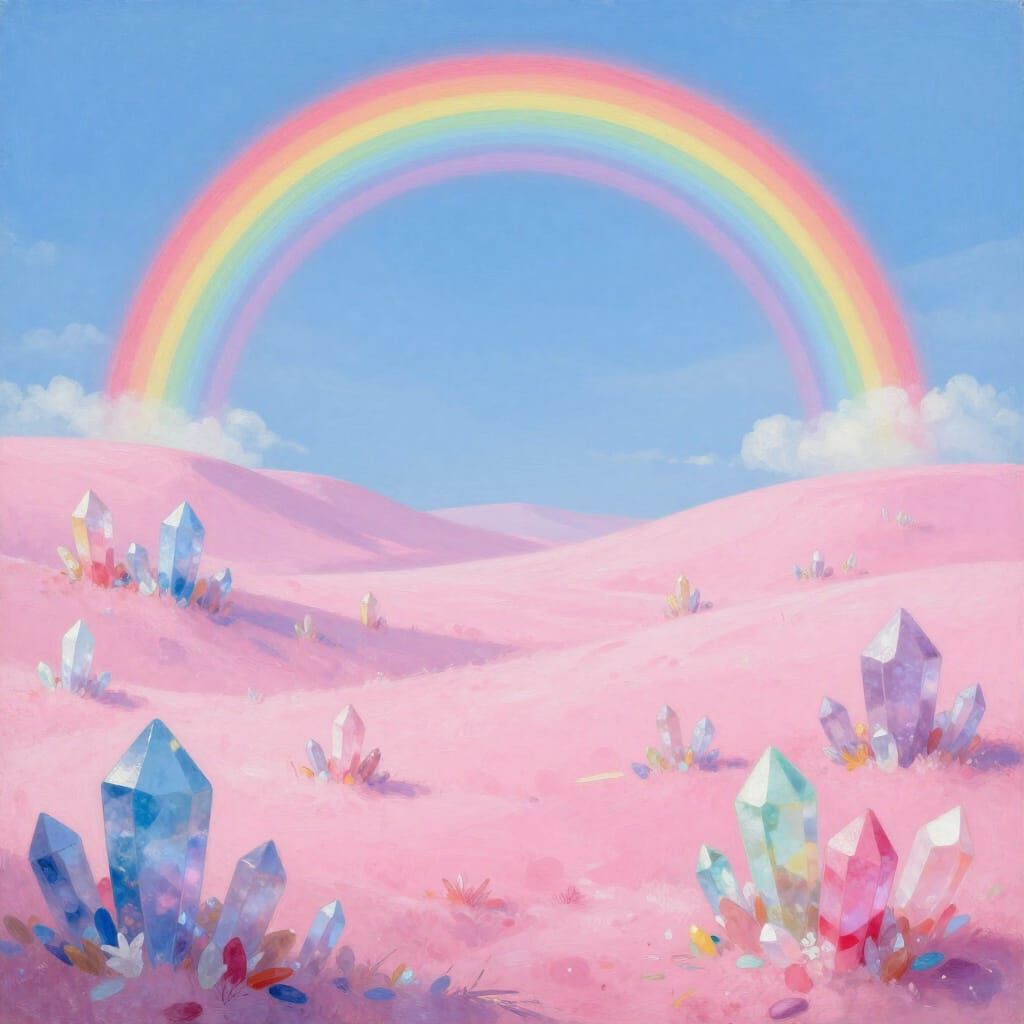 Pink Sand Beach with Rainbow Over Crystal-Studded Sky