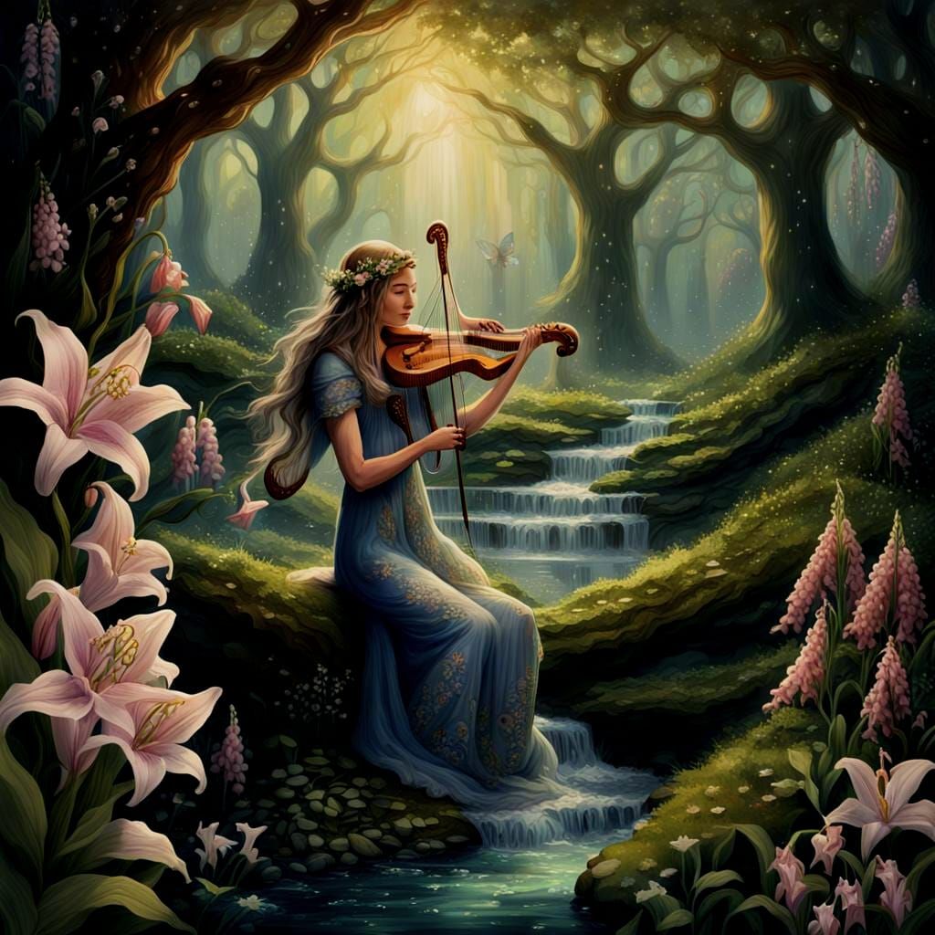 Elven Harpist in Forest Glade