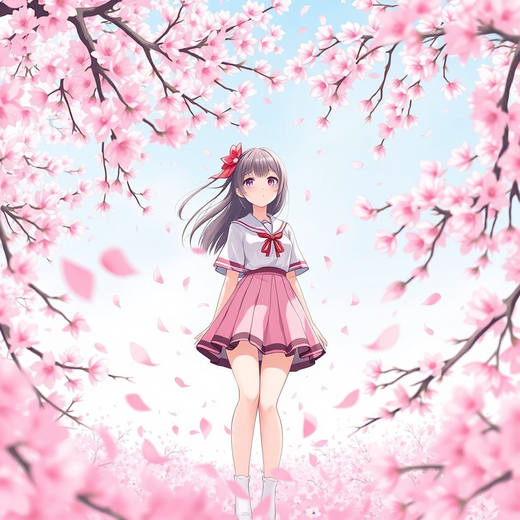 Cherry Blossom Schoolgirl in Whimsical Anime Style