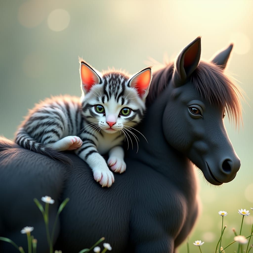 Kitten Napping on Shetland Pony, Anime-Inspired Digital Art