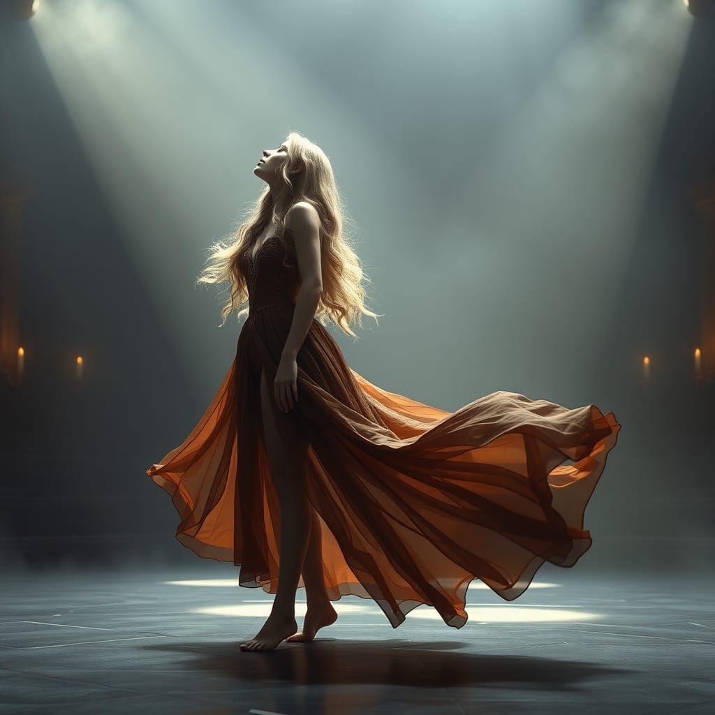 Ethereal Woman Singing on Mystical Stage