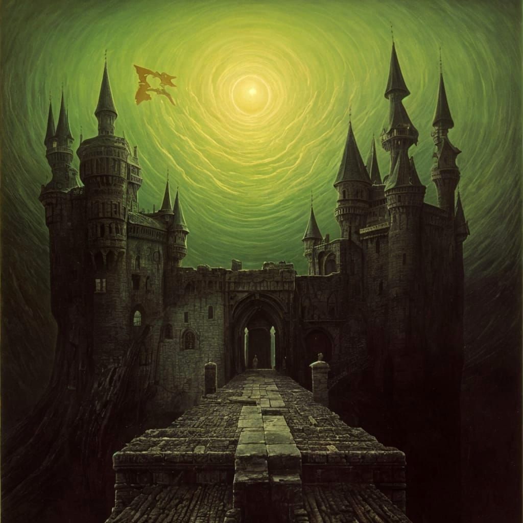 Surreal Castle with Drawbridges as Dark Dreamscape Painting