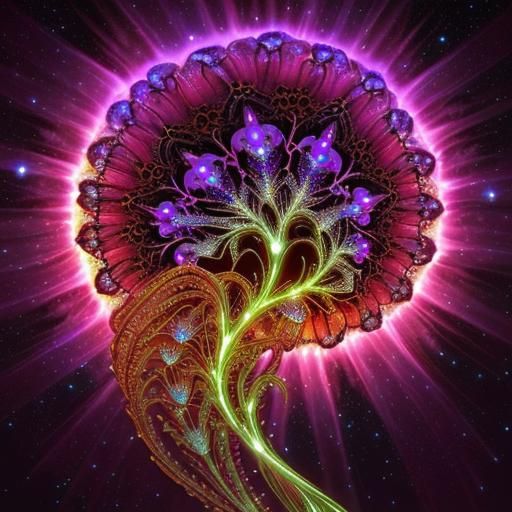 Bioluminescent Fractal Plants in Starry Night Sky