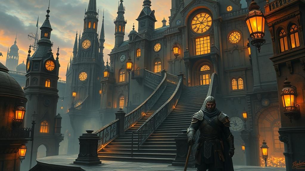 Armored Warrior in Steampunk Cityscape at Twilight