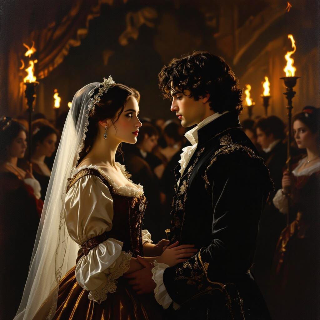 Romeo's Ardent Gaze at Juliet in Baroque Ballroom