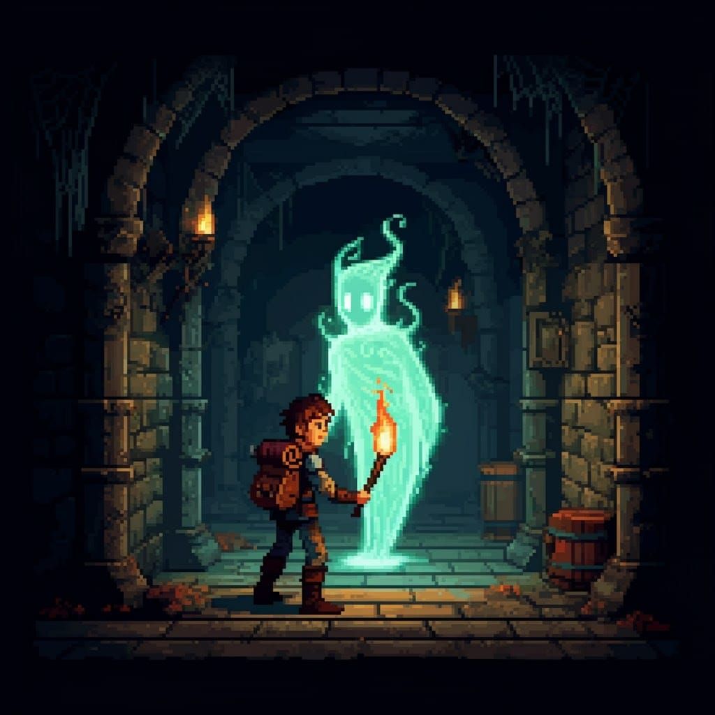 Brave Adventurer and Spirit in 8-Bit Dungeon