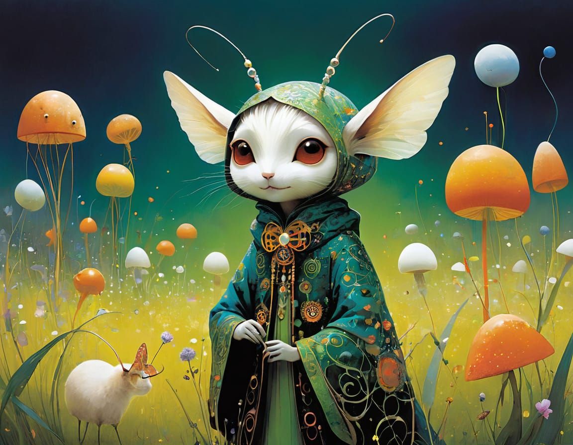 Joyful Bug Creature in Marshmallow Field: Art Nouveau Style