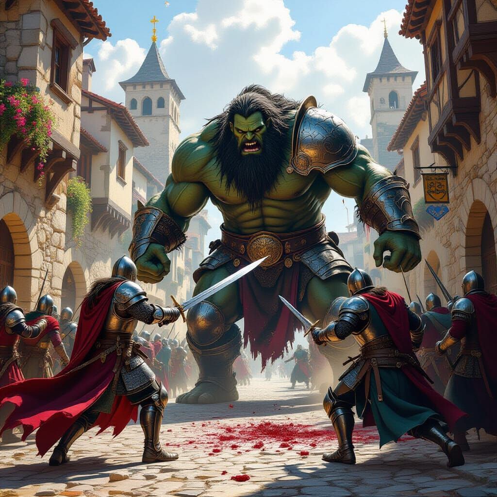 Knights Battle Giant in Walled Town Splash Art