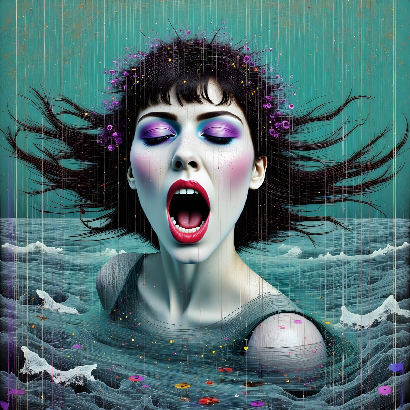 Glitch Art Mermaid in Turbulent Sea