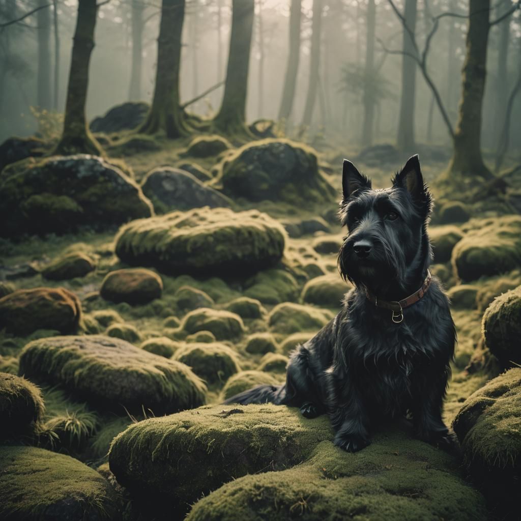 Fluffy Scottish Terrier in Misty Golden Hour Scene