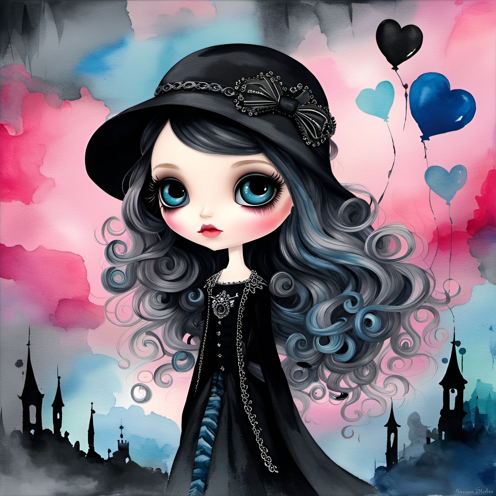 Cute Gothic Blythe Doll in Watercolor Style