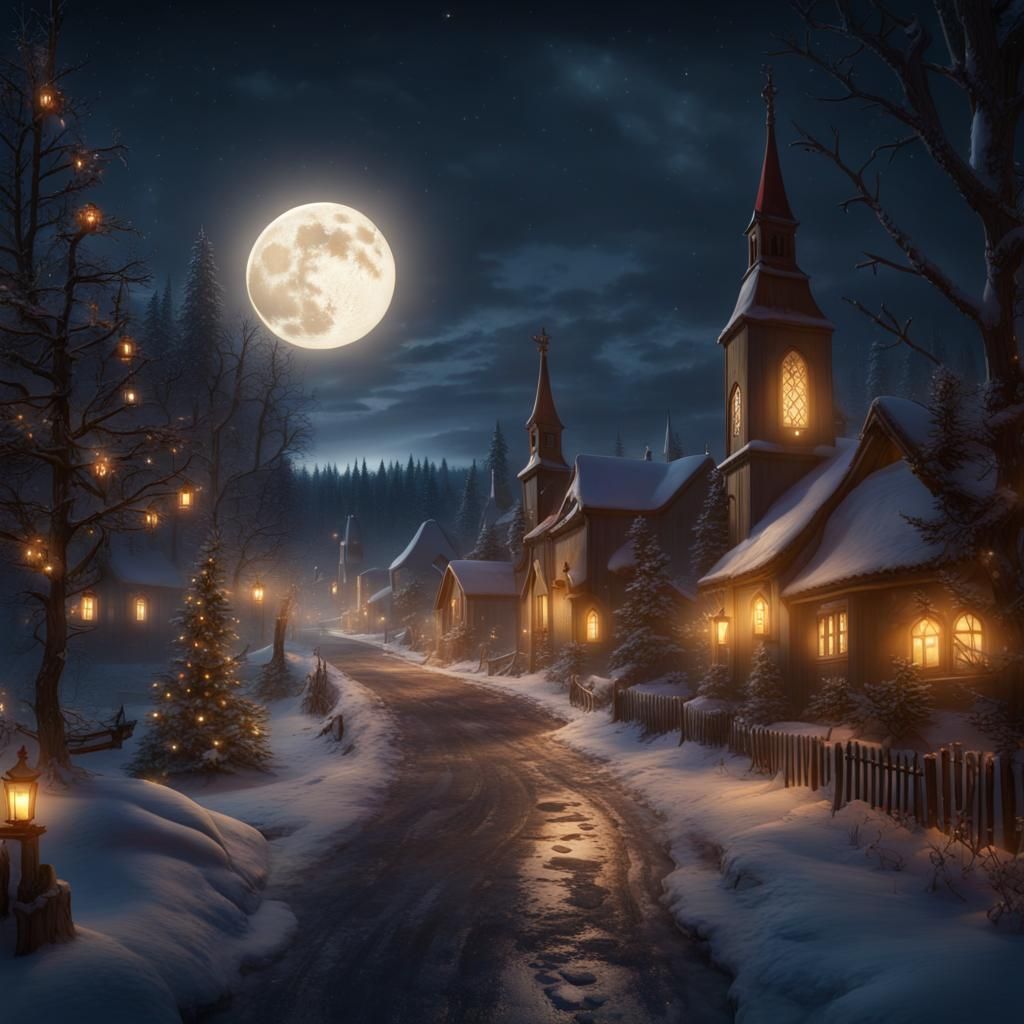 Festive Snowy Village at Night in Detailed Matte Painting