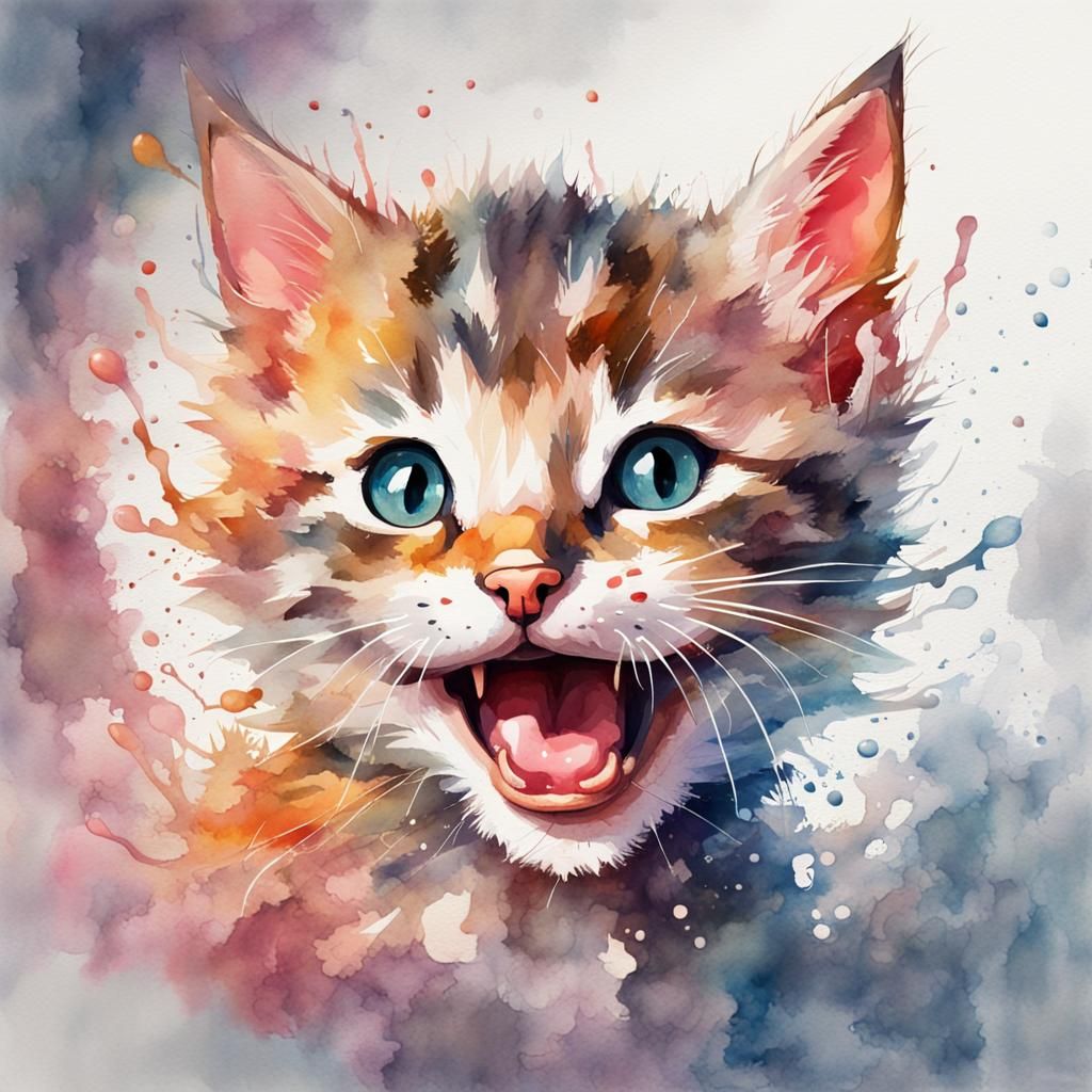 Watercolor Painting of a happy  kitten, image is deteriorati...