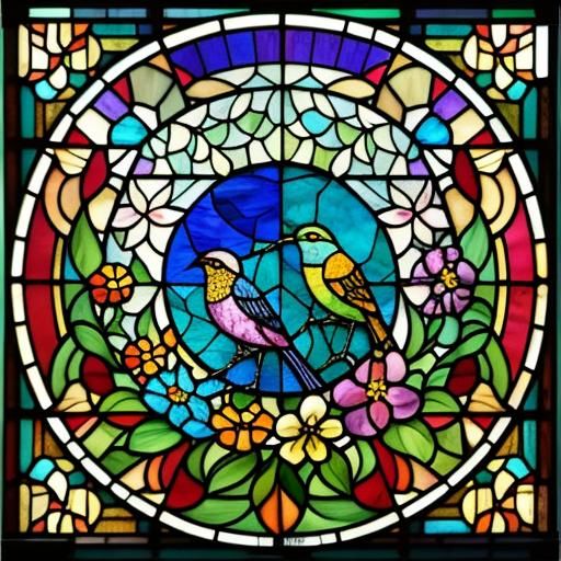 "Tiffany stained glass: an image of a paradise garden with flowers and birds. The stained glass should use individual co...