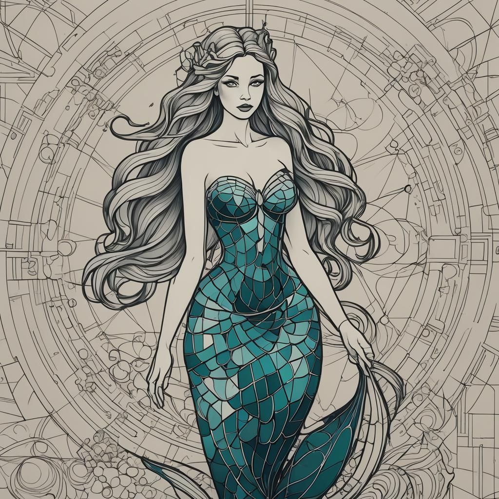 Geometric Mermaid in Bauhaus Style: Detailed Matte Drawing