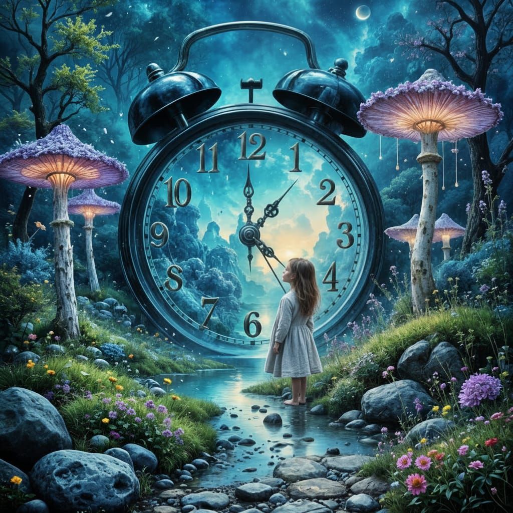 Surreal Painting of Child Facing Melting Clock