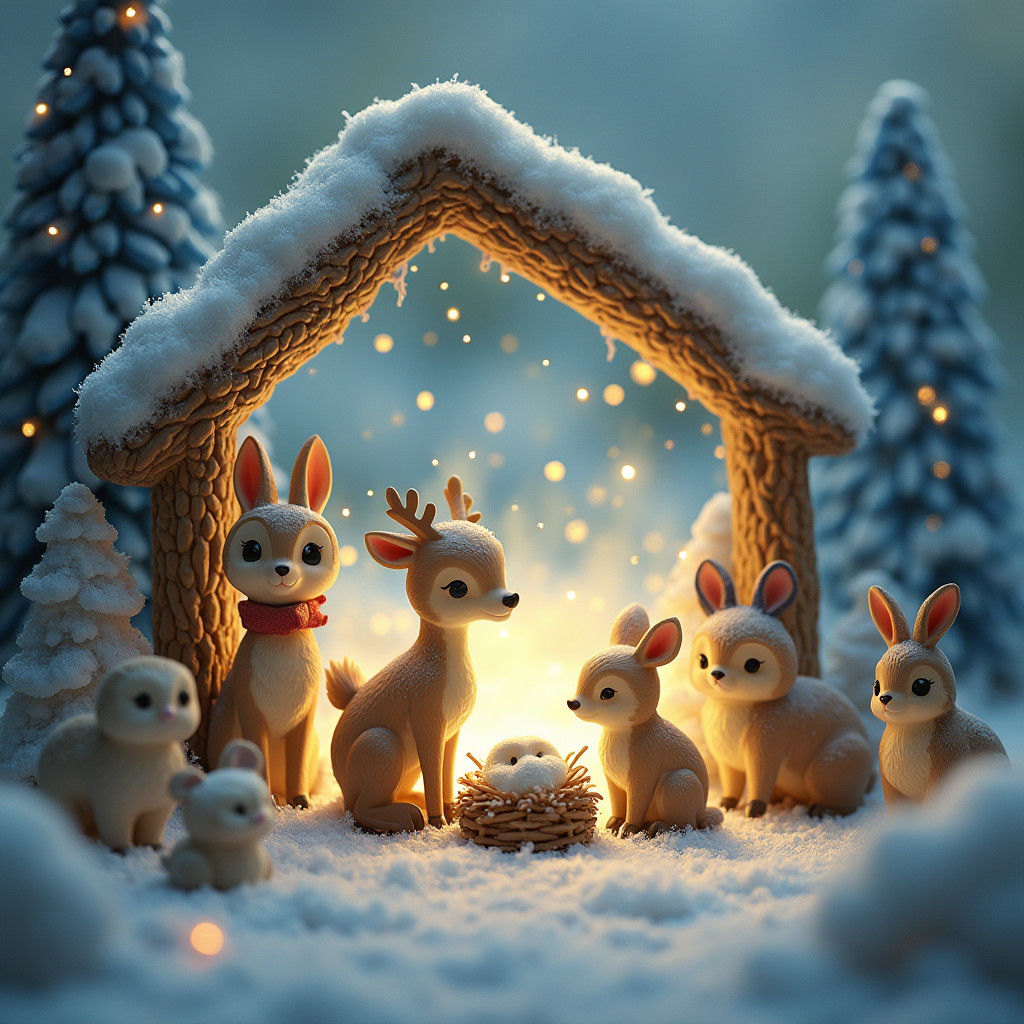 Whimsical Animal Nativity Scene in Winter Wonderland