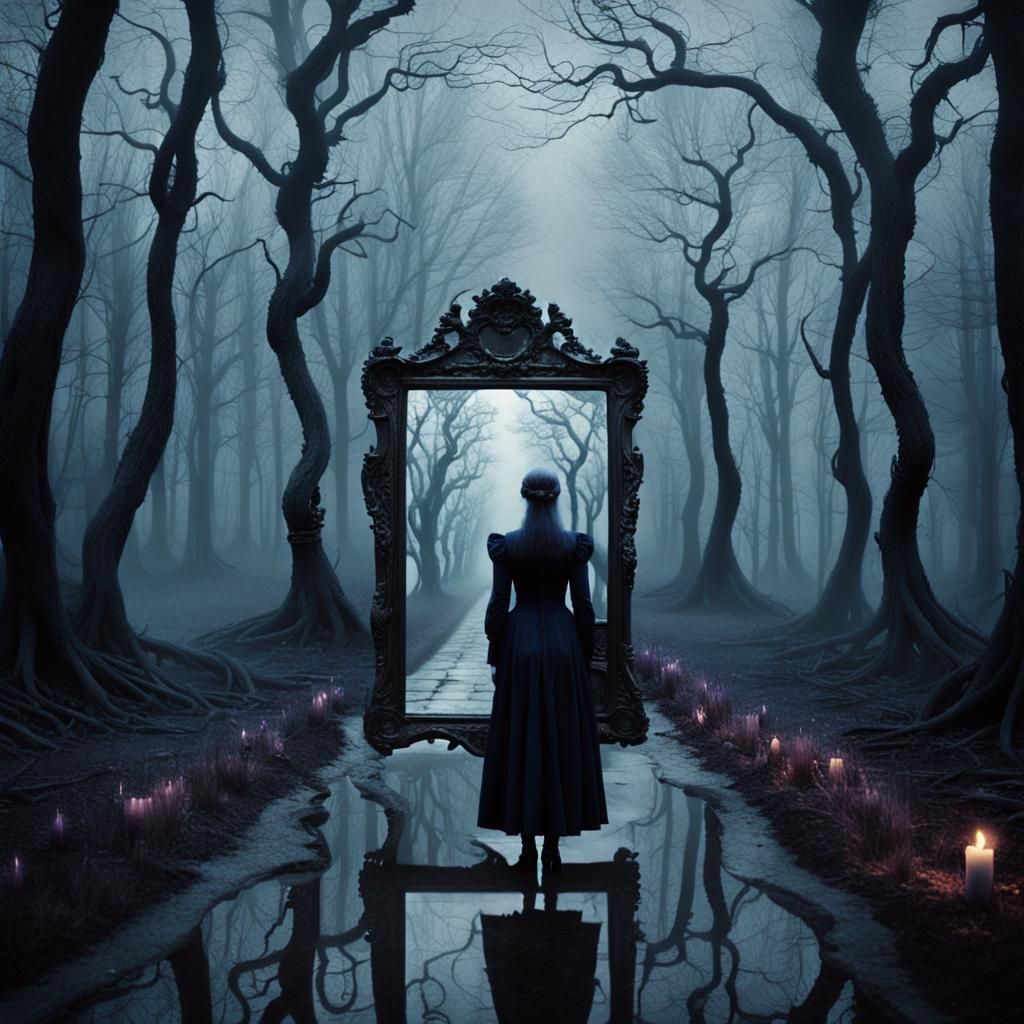 Surreal Lady on Lonely Road with Antique Mirror